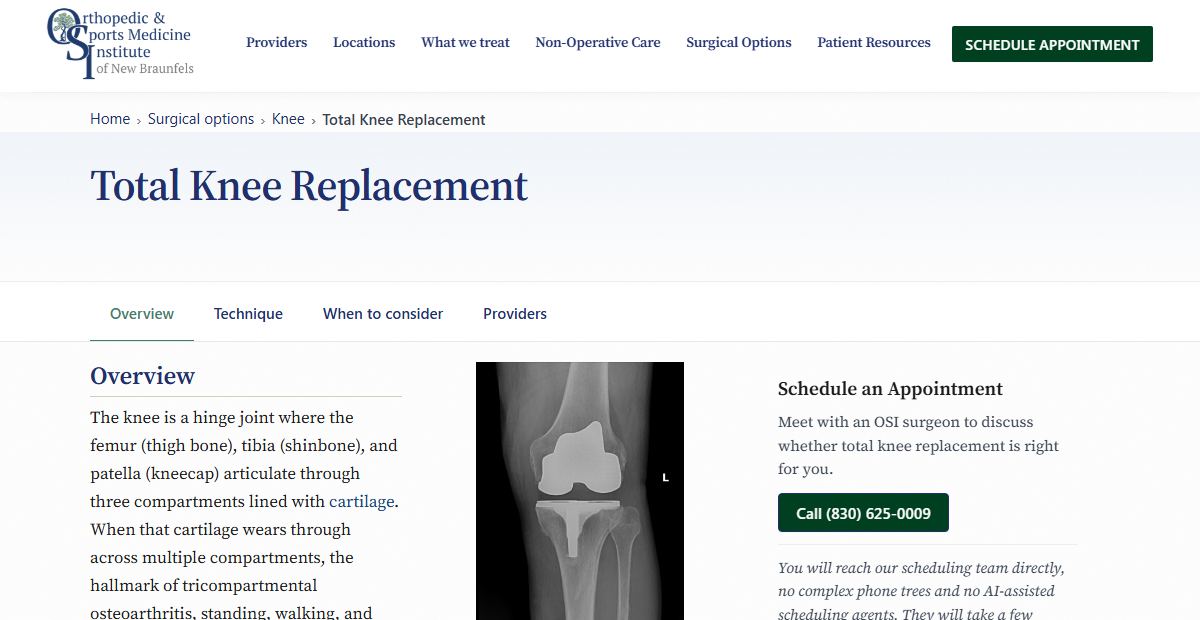 Sample procedure page: Total Knee Replacement